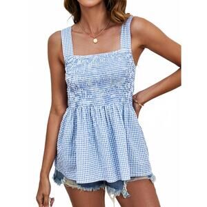 NEW TRENDSI smocked plaid square neck tank top in blue